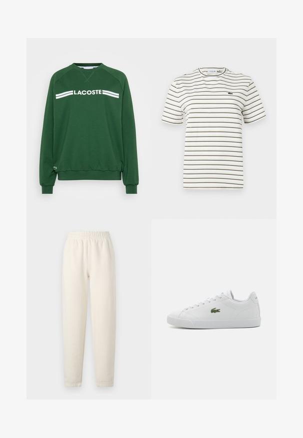 Sudadera verde de mezcla de algodón. Presenta un cuello redondo, mangas raglán y texto blanco "LACOSTE" con dos rayas a través del pecho.; Camiseta de rayas en blanco con finas líneas verde oliva. Presenta un cuello redondo, mangas cortas y un pequeño logo de Lacoste en el pecho.; Pantalones de chándal de color crema hechos de una tela suave. Cuentan con una cinturilla elástica y un diseño de perneras ajustadas con detalles de costura sutiles.; Zapatilla de cuero blanca con punta redondeada, diseño de cordones, logo de cocodrilo bordado en verde y suela de goma texturizada.