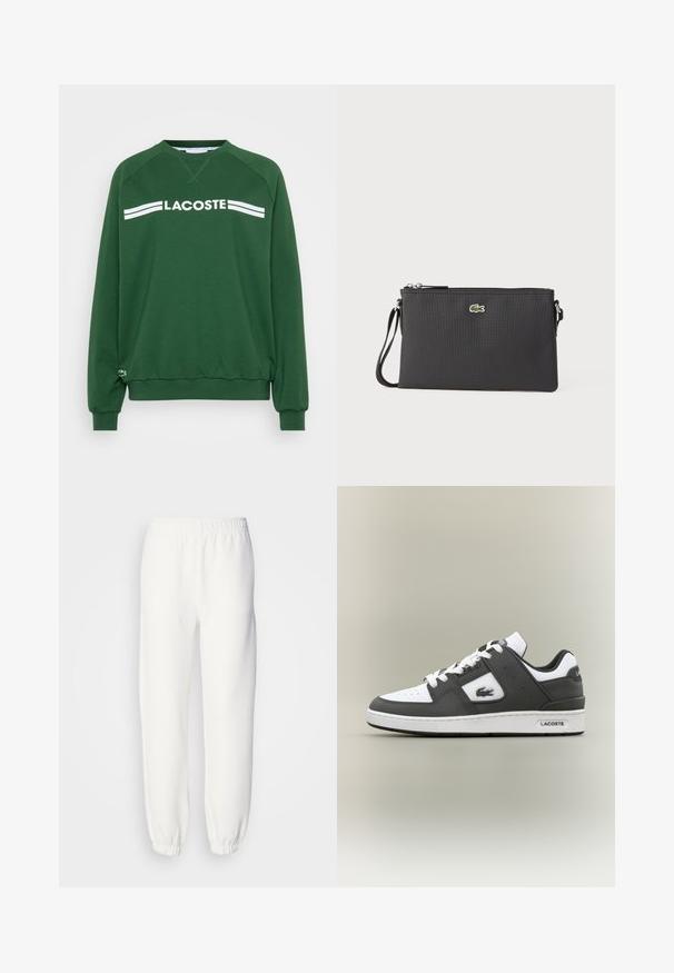 Groen sweatshirt van een katoenmengsel. Voorzien van een ronde hals, raglanmouwen en witte "LACOSTE" tekst met twee strepen over de borst.; Witte sweatpants van zacht, gebreid materiaal. De elastische tailleband en boorden zorgen voor een ontspannen pasvorm. Minimalistisch ontwerp, zonder zichtbare patronen of accenten.; Zwart-witte Lacoste sneaker met witte veters, geperforeerde neus, krokodillogo aan de zijkant en merksol op een neutrale achtergrond.; Zwarte clutch tas van gestructureerd synthetisch materiaal. Voorzien van een ritssluiting en een klein groen logo aan de voorkant. Inclusief een polsbandje.