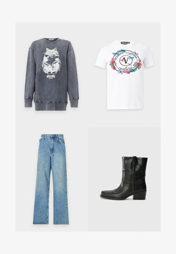 Sivá mikina Moschino s bielou grafikou nadýchaného mačky s okuliarmi a motýlikom, pod ktorou je text "Moschino Jeans".; Biele tričko Versace Jeans Couture s čiernym kruhovým logom, ružovými ružami a modrými a ružovými motýľmi vpredu.; Svetlomodré džínsové nohavice širokého strihu s stredne vysokým pásom, piatimi vreckami a zapínaním na gombíky s kovovým vybavením a vyblednutým povrchom.; Čierne kožené členkové topánky s okrúhlou špičkou, blokovým podpätkom, bočným zipsom a prešívaním na priehlavku. Hladká textúra, klasický dizajn.