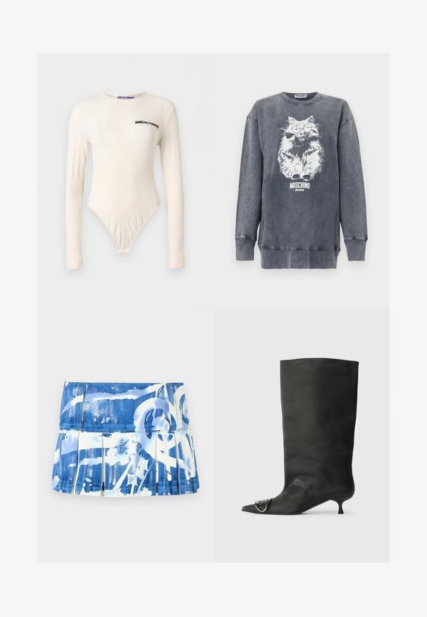 Sweat-shirt gris Moschino avec un graphique blanc représentant un chat duveteux portant des lunettes et un nœud papillon, texte "Moschino Jeans" en dessous.; Body en crème à manches longues avec motifs texturés subtils, col rond, et logo "SINÉAD O'DWYER" imprimé sur la poitrine et l'étiquette du col.; Jupe plissée bleue et blanche avec un motif éclaboussé de peinture, confectionnée dans un tissu léger à texture lisse et dotée d'une ceinture ajustée.; Bottines en cuir noir à bout pointu, petite talon et détail métallique sur le bout. Texture lisse et mate partout.
