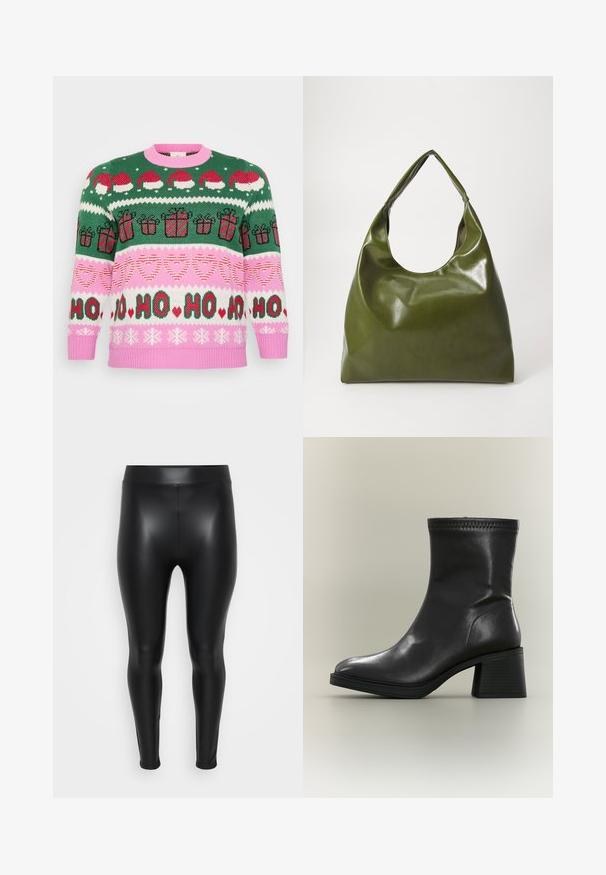 Strikket julesweater med grønne, pink og hvide farveblokke. Har julesokker, gaver og hjerter i forskellige mønstre. Ribkanter ved ærmerne og nederste kant.; Sorte leggings lavet af et glat, skinnende materiale. Høj talje, tætsiddende design, og ingen synlige sømme eller mønstre.; Sort læderstøvle midt på læggen med blokhæl og rund tå, vist fra siden på en neutral baggrund.; Grøn læder hobo taske med en slouchy design, buet håndtag og glat tekstur. Indeholder ingen synlig hardware eller accenter.