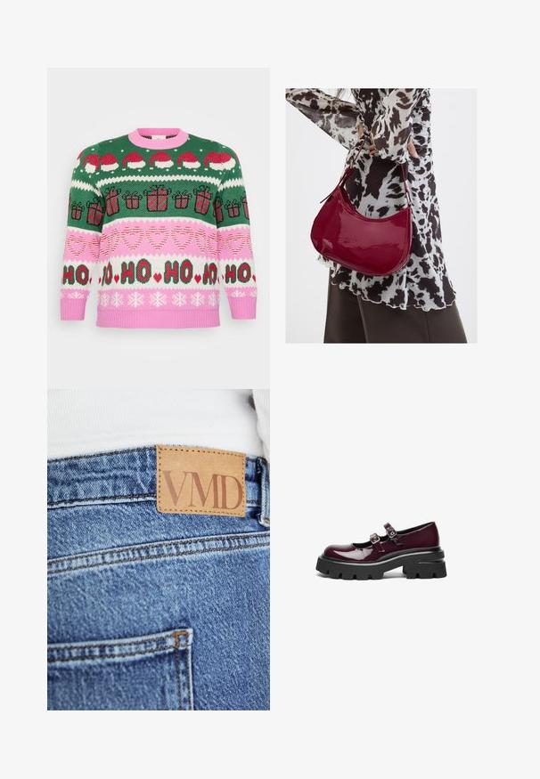 Pull de Noël en tricot avec des blocs de couleurs vert, rose et blanc. Présente des chapeaux de Santa, des cadeaux et des cœurs dans divers motifs. Poignets et ourlet côtelés.; Gros plan sur un jean en denim bleu avec une étiquette en cuir marron cousue sur la ceinture affichant le texte "VMD".; Chaussures Mary Jane en cuir verni bordeaux avec des brides à double boucle et de grosses semelles en caoutchouc noir dotées de rainures profondes.; Femme portant un chemisier à motif noir et blanc tenant un sac à main rouge brillant sur un fond uni.