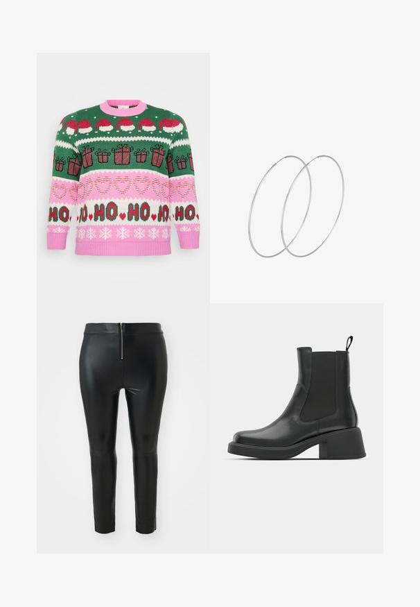 Gehaakt vakantie-sweater met groene, roze en witte kleurvlakken. Bevat kerstmannenhoeden, cadeaus en harten in verschillende patronen. Ribbelboorden en onderkant.; Zwarte faux leren broek met hoge taille, voorzien van een achterste ritsluiting en een slim fit. Gladde textuur en minimalistisch ontwerp.; Zwarte leren enkellaarsjes met elastische zijpanelen, ronde neus en een stevige blokhak. Gladde textuur met een minimalistisch ontwerp.; Zilveren hoepel oorbellen met een minimalistisch ontwerp. Cirkelvormig, gladde textuur en dun profiel. Lichtgewicht met een gepolijste afwerking.