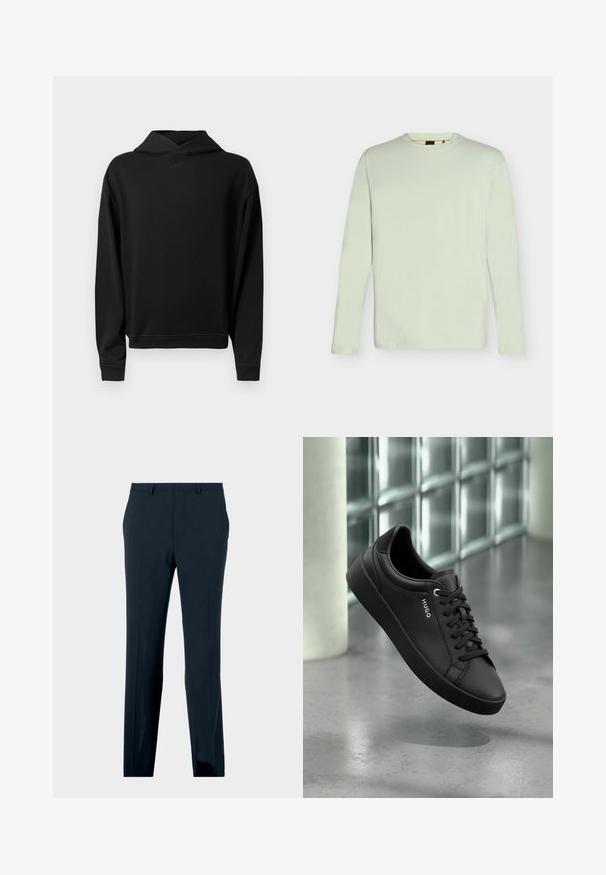 Sort sweatshirt lavet af glat stof med hætte, ribbet manchetter og kant, med et diskret "BOSS"-logo på brystet.; Langærmet lysegrøn t-shirt med rund hals og subtilt præget "BOSS"-logo på brystet, vist på en ensfarvet baggrund.; Marineblå formelle bukser med bæltestropper, forlommer og lige ben, præsenteret på en neutral baggrund.; Sort lædersneaker med sorte snørebånd og mærkenavnet "HUGO" på siden, vist mod en moderne baggrund af glasblokke og beton.