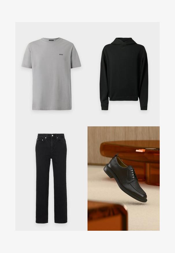 Sweat-shirt noir en tissu lisse avec capuche, poignets et ourlet côtelés, arborant un logo "BOSS" discret sur la poitrine.; T-shirt en coton gris à manches courtes, col rond, avec un petit logo noir "BOSS" sur la partie gauche de la poitrine. Texture lisse, design simple.; Jean noir taille haute à jambes droites avec poches avant et arrière, fermeture à bouton argenté et passants pour ceinture sur fond blanc.; Chaussure habillée noire en cuir à lacets avec devant texturé, flottant au-dessus d'un tapis beige dans une pièce moderne avec des meubles teintés d'ambre.