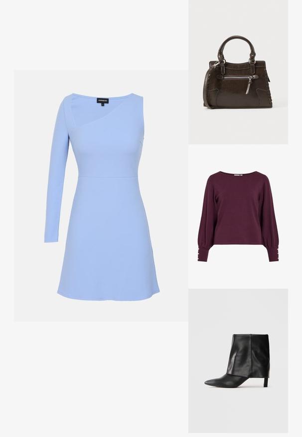 Pull en tricot bordeaux avec un large décolleté, de longues manches ballon et des boutons en accent aux poignets. Texture douce et coupe décontractée.; Robe bleu clair avec une manche longue, un corps ajusté et une jupe évasée. Fabriquée en tissu lisse avec un éclat subtil et des détails de coutures diagonales.; Botte noire en cuir mi-mollet avec bout pointu, tige supérieure repliée et petit talon élancé, se tenant sur fond blanc.; Sac à main en cuir marron avec poignées supérieures, poche avant zippée et détails tissés sur les côtés. Texture lisse et forme structurée.