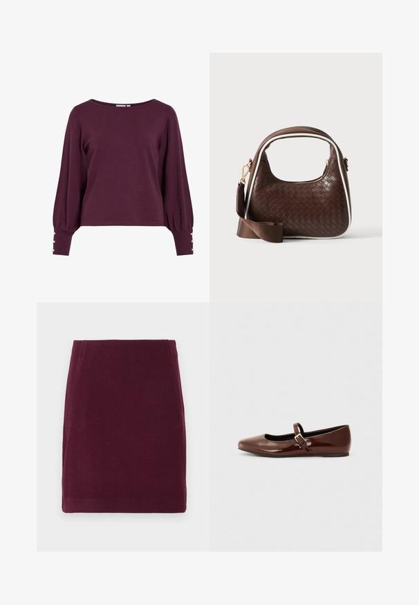 Pull en tricot bordeaux avec un large décolleté, de longues manches ballon et des boutons en accent aux poignets. Texture douce et coupe décontractée.; Vero Moda VMFORTUNALLISON SHORT - Jupe trapèze - winetasting; Ballerine en cuir verni marron avec un bout carré et une lanière ornée d'une petite boucle dorée. Texture lisse, talon bas et design minimaliste.; Sac à main en cuir tressé marron avec passepoil blanc, fermeture éclair dorée et bandoulière amovible en tissu marron.