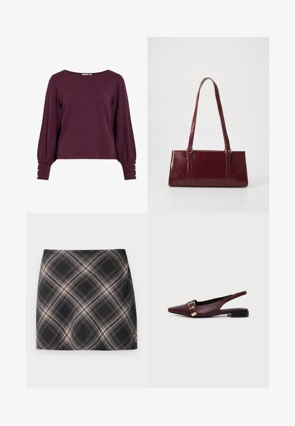 Pull en tricot bordeaux avec un large décolleté, de longues manches ballon et des boutons en accent aux poignets. Texture douce et coupe décontractée.; Jupe mini à carreaux noir et beige avec un motif à checks diagonal, taille ajustée et texture de tissu lisse.; Chaussure plate slingback en cuir rouge foncé avec bout pointu et détail boucle dorée sur le côté, sur un fond clair uni.; Sac à main bordeaux en matériau brillant, de forme rectangulaire, avec deux anses et des accents légèrement courbés à l'avant.