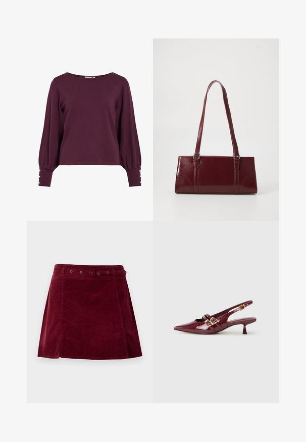 Pull en tricot bordeaux avec un large décolleté, de longues manches ballon et des boutons en accent aux poignets. Texture douce et coupe décontractée.; Jupe en velours côtelé rouge foncé avec une ceinture assortie et des œillets métalliques, présentant une légère forme trapèze et un détail sur le panneau avant.; Chaussure slingback en cuir verni bordeaux avec un bout pointu, deux brides plates avec des boucles dorées, et un petit talon.; Sac à main bordeaux en matériau brillant, de forme rectangulaire, avec deux anses et des accents légèrement courbés à l'avant.