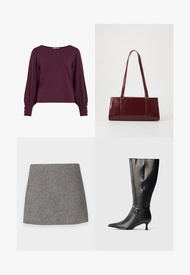 Pull en tricot bordeaux avec un large décolleté, de longues manches ballon et des boutons en accent aux poignets. Texture douce et coupe décontractée.; Jupe à motif chevrons en tissu gris, présentant une silhouette ajustée avec une texture lisse et un ourlet droit et net.; Botte en cuir noire montant jusqu'au genou, avec un bout pointu et un petit talon bas, présentée sur un fond clair uni.; Sac à main bordeaux en matériau brillant, de forme rectangulaire, avec deux anses et des accents légèrement courbés à l'avant.