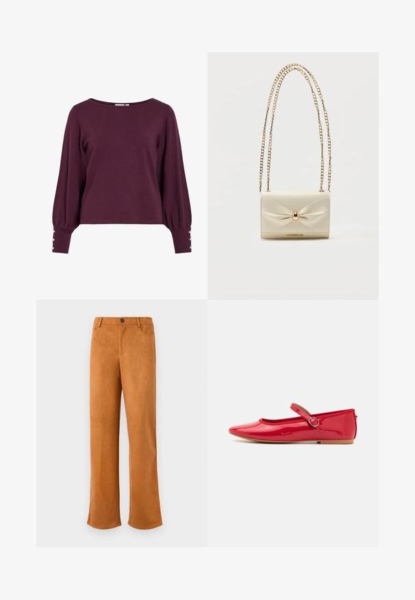 Pull en tricot bordeaux avec un large décolleté, de longues manches ballon et des boutons en accent aux poignets. Texture douce et coupe décontractée.; Pantalons en cuir suédé marron avec une coupe droite, dotés d'une fermeture éclair, d'un bouton de fermeture et de poches avant classiques. Texture douce et couleur unie.; Ballerines en cuir verni rouge avec un bout rond, une sangle élastique avec une boucle ronde, et une semelle plate beige. Surface lisse avec finition brillante.; Sac rectangulaire crème avec un détail ovale métallique central et une bandoulière chaîne dorée.