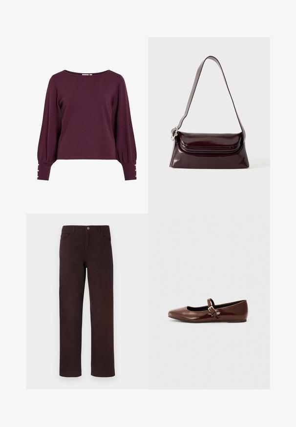 Μπορντό πλεκτό πουλόβερ με φαρδιά λαιμόκοψη, μακριά μανίκια μπαλόνι και διακοσμητικά κουμπιά στις μανσέτες. Μαλακή υφή και άνετη εφαρμογή.; Καφέ βαμβακερό παντελόνι με ίσια γραμμή, δύο μπροστινές τσέπες και κουμπί στη μέση. Λείο υλικό χωρίς ορατά σχέδια.; Καφέ πατεντα δερμάτινη μπαλαρίνα με τετράγωνη μύτη και λουράκι που διαθέτει μια μικρή χρυσή πόρπη. Λείος υφή, χαμηλό τακούνι και μινιμαλιστικός σχεδιασμός.; Σκούρα μπορντό δερμάτινο τσάντα ώμου με κλείσιμο με καπάκι και λεπτό ρυθμιζόμενο λουράκι, εμφανίζεται σε απλό ανοιχτό φόντο.