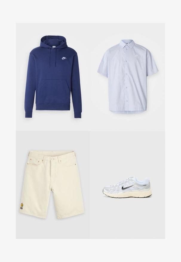 Marineblå hættebluse lavet af blødt stof med en frontlomme, hætte med snoretræk og et lille hvidt Nike-logo på brystet.; Lyseblå kortærmet skjorte lavet af glat stof, med knaplukning og et lille hvidt Nike-logo på brystet.; Off-white denimshorts med frontknap, bæltestropper, fem lommer og et lille multifarvet broderet logo på venstre ben.; Hvide mesh sneakers med sølvdetaljer, sort Nike swoosh, polstret krave og tekstureret sål. Har et lagdelt design for stabilitet.