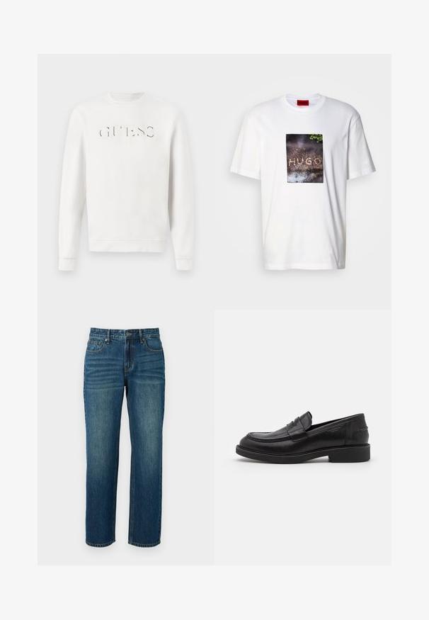 Valge pika varrukaga crewneck dressipluus, mille rinnal on reljeefne "GUESS EST. 1981" logo, esitatud lihtsal valgel taustal.; Valge puuvillane t-särk, millel on ristkülikukujuline graafiline trükk tekstiga "HUGO" tumedal tekstureeritud taustal, ümbritsetud rohelusega.; Tumed sinimängud sirge lõikega, koos viie tasku, vöökohaga ja kergelt kulunud osadega reitel.; Mustad mustad nahast kingad ümarate varvastega, toonitud tikandiga ja rihma detailiga ees. Kummist kontsaga madal talla.