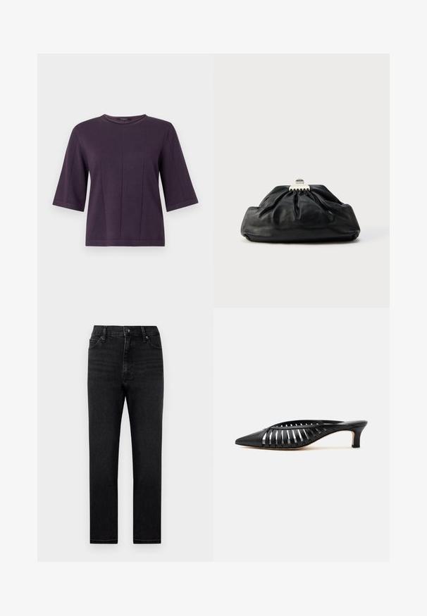 Haut violet à manches courtes avec encolure ronde et coutures verticales. Confectionné dans un tissu doux et texturé, offrant une coupe décontractée.; Jean en denim noir avec une coupe droite, taille haute et un design classique à cinq poches. Comprend des passants de ceinture et une fermeture à glissière.; Mule en cuir noir avec bout pointu, design découpé à brides et petit talon kitten sur fond blanc.; Pochette en cuir noir avec une texture plissée, fermeture à fermoir métallique, et logo embossé discret sur le devant. Forme arrondie.