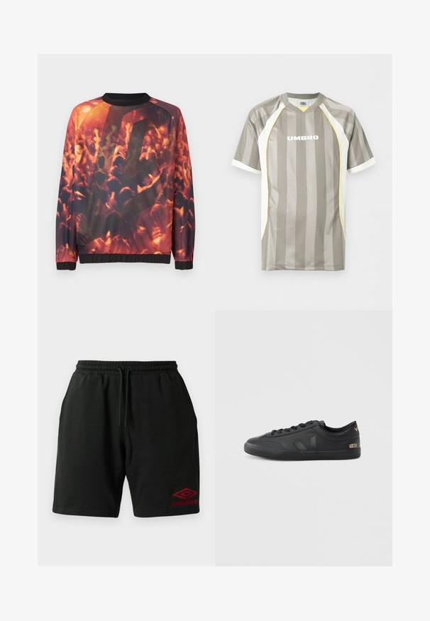 Sweatshirt mit grafischem Druck einer verschwommenen Menge bei einem Konzert, mit erhobenen Händen und warmem orange-rotem Licht.; Graues Sporttrikot mit kurzen Ärmeln und vertikalen Streifen, weißen Seitenpaneelen mit gelber Einfassung und „UMBRO“-Logo mittig auf der Brust.; Schwarze Shorts mit Kordelzug, seitlichen Taschen und rotem Umbro-Logo, das am linken Bein unten gestickt ist.; Schwarze Ledersneaker mit strukturierter Oberfläche, runder Zehenpartie, Schnürverschluss und dezentem Branding an der Seite und Ferse.