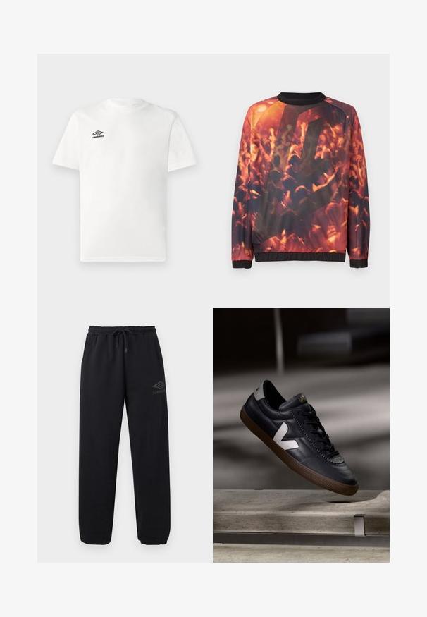 Sweatshirt mit grafischem Druck einer verschwommenen Menge bei einem Konzert, mit erhobenen Händen und warmem orange-rotem Licht.; Weißes T-Shirt mit kurzen Ärmeln und schwarzem Umbro-Logo auf der linken Brust, Rundhalsausschnitt, schlichtes Design, auf hellem Hintergrund präsentiert.; Schwarze lässige Jogginghose mit elastischem Bund und Bündchen, Kordelzug, Seitentaschen und kleinem Umbro-Logo am rechten Oberschenkel.; Schwarze Leder-Sneaker mit weißem V-Logo, Schnürung vorne, durchbrochene Details und brauner Gummisohle; schlankes Design mit minimalen Akzenten.