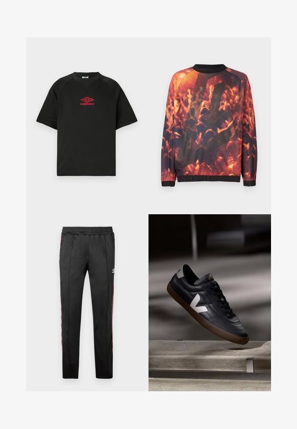 Sweatshirt med grafisk tryk af en sløret menneskemængde til en koncert, der viser hævede hænder og varm orange-rød belysning.; Sort kortærmet crewneck skjorte med rødt Umbro logo centreret på brystet mod en ensfarvet hvid baggrund.; Sorte træningsbukser lavet af glat stof, der har røde sidelister, en elastisk talje og et logo på den øverste højre lår.; Sort lædersneaker med hvid V-logo, snørebånd foran, perforerede detaljer og brunt gummisål; slankt design med minimale accenter.
