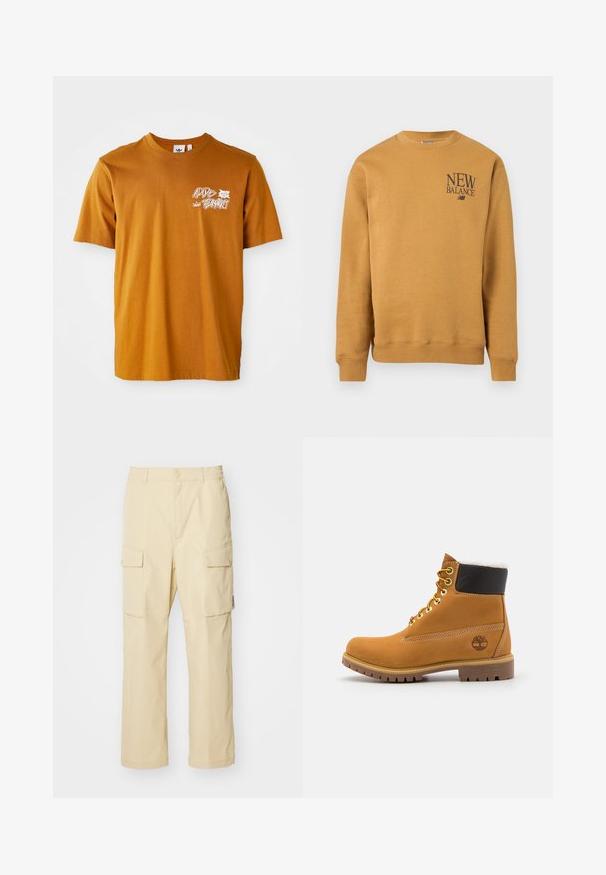 Sudadera de manga larga color mostaza con cuello redondo, con el logo "New Balance" en letras oscuras en la parte superior izquierda del pecho.; Camiseta de algodón marrón con cuello redondo, mangas cortas, que presenta un texto gráfico blanco y un diseño de hojas en la parte frontal.; Pantalones cargo beige hechos de tela con cinturilla elástica y cierre de botón. Presenta dos bolsillos laterales y un diseño simple.; Botín de cuero marrón con ojales de metal, forro de piel sintética blanca, cuello acolchado negro, suela resistente y logotipo en relieve en el costado.