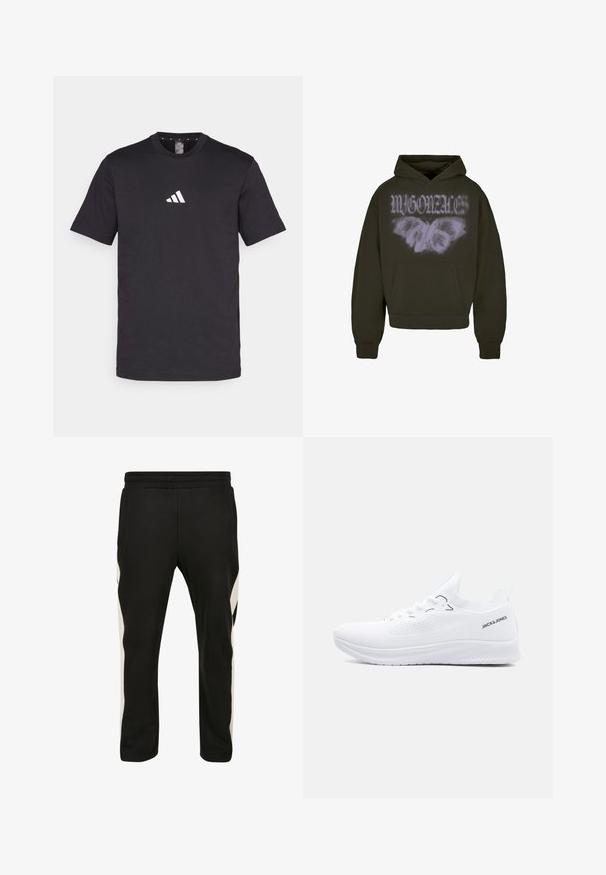 Donkergroene hoodie met een voorzak, voorzien van een witte vlinderafbeelding en de tekst "MYGONAZE." Gemaakt van zachte stof, met ribgebreide manchetten.; Zwarte katoenen T-shirt met korte mouwen, voorzien van een wit Adidas-logo op de borst. Klassiek ontwerp met ronde hals.; Zwarte sportbroeken van zacht materiaal, met zijzakken en een contrasterende witte streep langs de buitenste naden. Inclusief elastische tailleband.; Witte lage sneaker van gebreid materiaal met een gestructureerde zool, veters aan de voorkant en het "JACK & JONES" logo aan de zijkant van de hielkraag.