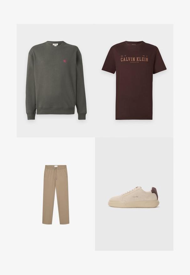 Donkergroene crewneck sweatshirt van katoen. Heeft een klein roze 'ck' logo op de linkerkant van de borst en ribgebreide boorden en onderkant.; Donkerbruin katoenen t-shirt met "CALVIN KLEIN"-logo in een lichtere bruine kleur. Korte mouwen, ronde hals en rechte zoom. Simpel ontwerp.; Beige stretchbroek met een elastische tailleband en trekkoord, voorzien van twee zijzakken en een recht gesneden ontwerp. Soepele textuur.; Beige suède sneakers met een ronde neus, vetersluiting aan de voorkant en een bruine suède accent op de hiel. Beschikt over een gestructureerde rubberen zool.