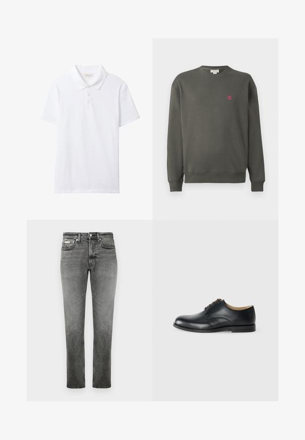 Mørkegrøn crewneck sweatshirt lavet af bomuld. Har et lille pink 'ck' logo på venstre bryst samt ribbede manchetter og kant.; Hvid kortærmet poloshirt med krave og tre-knaps knapstolpe, ensfarvet front og en lille Calvin Klein Jeans label indeni kraven.; Grå denim jeans med lige ben, foran lommer, bæltestropper, knaplukning og diskrete slidte detaljer.; Calvin Klein ESS DERBY - Snøresko - triple black