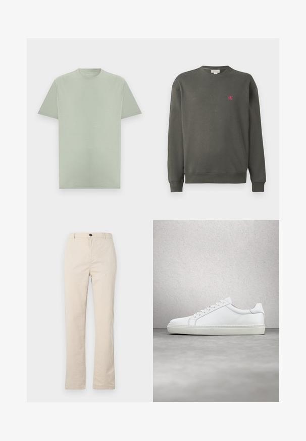 Sweatshirt crewneck vert foncé en coton. Présente un petit logo 'ck' rose sur le côté gauche de la poitrine et des poignets et un ourlet côtelés.; T-shirt vert clair à manches courtes et col rond avec une texture subtile de rayures horizontales, présenté sur un fond neutre.; Pantalons en coton beige clair avec une coupe droite, dotés d'une fermeture à bouton à l'avant, d'une braguette zippée et de détails de couture minimalistes.; Sneaker blanche avec une tige en cuir lisse et un profil bas. Présente un bout arrondi, six œillets et une semelle en caoutchouc texturé.
