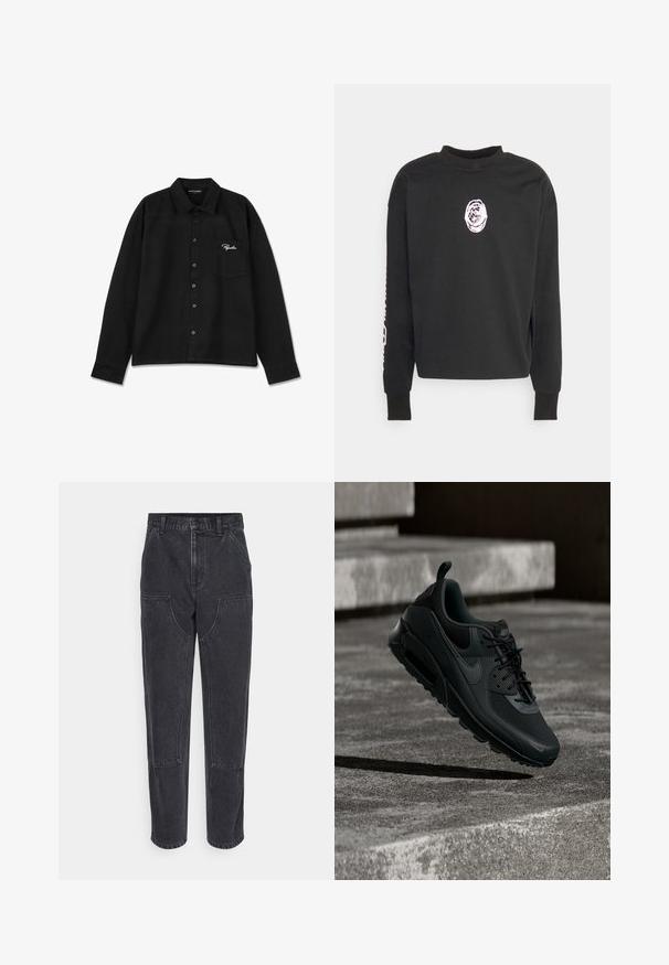 Nikolaj Storm CITY - Sweatshirt - black; Sort langærmet skjorte lavet af stof, med krave, knap-lukning foran, enkelt brystlomme og broderet logo i hvid på lommen.; Sorte denim jeans med høj talje, lige ben og store forlommer. Har kontrasterende syninger og ingen synlige logoer.; Sort Nike Air Max sneaker svævende midt i luften over en tekstureret betonbund med betontrapper i baggrunden.