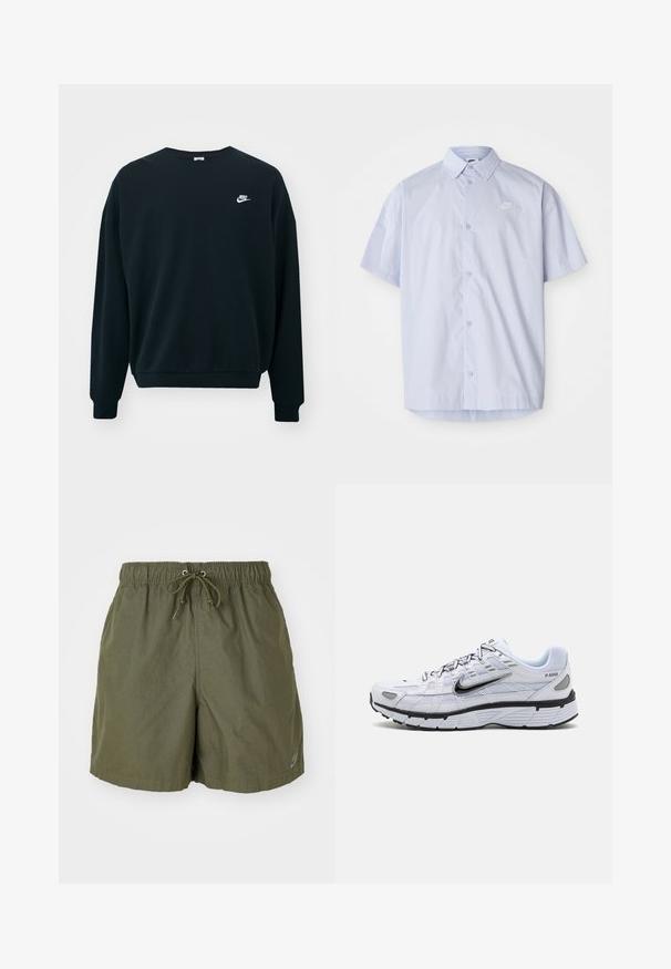 Must mustaga Nike pikendatud varrukatega, ümar kaelus ja soonikkoes mansetid. Vasakul rinnal on valge Nike logo.; Hele sinine lühikeste varrukatega särk, mis on valmistatud siledast kangast, millel on nööpidega disain ja rinnal väike valge Nike logo.; Oliivrohelised lühikesed püksid elastse vöökoha ja reguleeritava nööriga, küljetaskudega. Valmistatud kergest kangast, millel on peen sära.; Valge jooksutoss, millel on võrkmaterjalist pealis, ümar varvas, mustad aksessuaarid ja mustriline tall. Omab paeltega kinnitamist ja brändingut külgedel.