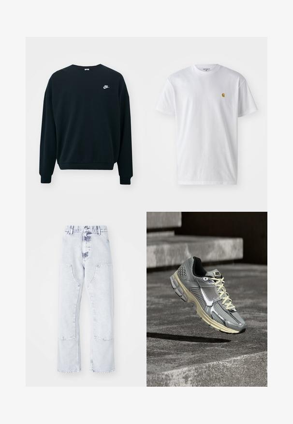 Μαύρο φούτερ Nike με μακριά μανίκια, στρογγυλή λαιμόκοψη και ραμμένες μανσέτες. Διαθέτει το λογότυπο Nike σε λευκό χρώμα στην αριστερή περιοχή του στήθους.; Λευκό βαμβακερό T-shirt με κοντά μανίκια, κλασική λαιμόκοψη, που διαθέτει ένα μικρό χρυσό λογότυπο στην αριστερή περιοχή του στήθους. Μαλακή υφή και κανονική εφαρμογή.; Ανοιχτό μπλε τζιν παντελόνι σε ίσια γραμμή με τσέπες patch, ψηλή μέση και φθαρμένη εμφάνιση. Διαθέτει τονικό ράψιμο και άνετη εφαρμογή.; Γκρι και μπεζ αθλητικό παπούτσι Nike για τρέξιμο με λευκά κορδόνια και μεγάλο λευκό σήμα, τοποθετημένο σαν να αιωρείται πάνω από μια τσιμεντένια επιφάνεια.
