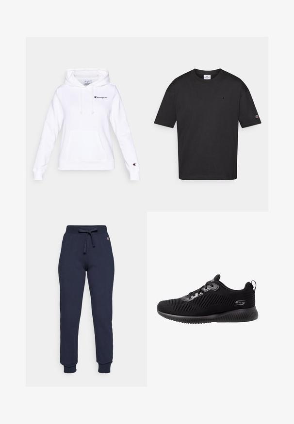 Hvid hættetrøje lavet af bomuldsblanding med kængurulomme, snørre ved hætten og logo-broderi på bryst og ærme.; Sort bomulds T-shirt med rund hals, korte ærmer og et lille broderet logo på brystet og ærmet. Glat tekstur, afslappet pasform.; Mørkeblå sweatpants lavet af en bomulds-blanding, med snor i taljen, ribbede manchetter og et lille logo på hoften.; Sorte atletiske sko med en tekstureret strikket overdel, snørelukning, polstret krave og en yderst dæmpet gummisål med rillede detaljer.