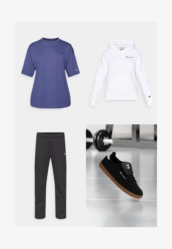 Hvid hættetrøje lavet af bomuldsblanding med kængurulomme, snørre ved hætten og logo-broderi på bryst og ærme.; Lilla bomulds T-shirt med rund hals og korte ærmer, med et lille logo på brystet og et logo patch på ærmet.; Sorte bomuldsjoggingbukser med elastisk talje og et lille logo på siden. Glat tekstur, tilspidset design, ingen ekstra mønstre.; Sort og brun Champion-sneakers svævende i luften i et fitnessmiljø med en sløret vægtstang i baggrunden.