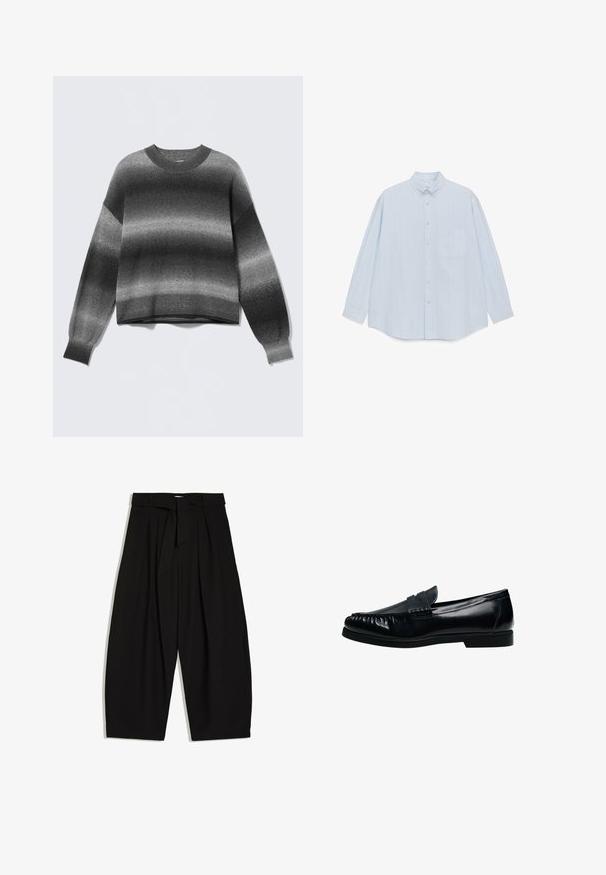 Strikket langærmet sweater med gradient i grå nuancer fra mørk til lys, rund halsudskæring samt ribstrikkede manchetter og kant.; Lysblå skjorte med knapper lavet af bomuld, med vertikale hvide striber, en brystlomme og en klassisk krave. Lange ærmer.; Sorte bukser med vide ben og høj talje, plisseringer og et matchende stofbælte bundet foran mod en hvid baggrund.; Sort herre penny loafer i læder med syninger på mok-toe og lav hæl, vist i sideprofil på hvid baggrund.