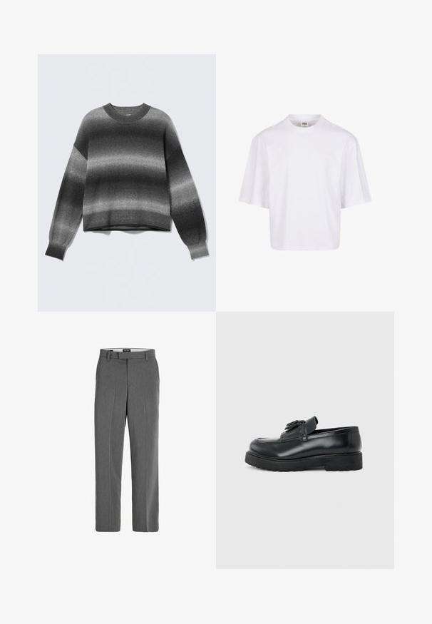 Pull en maille à manches longues avec un dégradé de gris allant du foncé au clair, col rond, poignets et ourlet côtelés.; T-shirt blanc à manches courtes avec un col rond et une coupe décontractée, fabriqué à partir d'un tissu en coton mélangé doux. Aucun motif ni embellissement.; Pantalon gris avec une texture lisse, une coupe droite et un motif vertical subtil. Comprend des passants de ceinture et des poches avant et arrière.; Mocassin en cuir noir avec pampilles, semelle épaisse en caoutchouc et talon bas, présenté de profil sur un fond uni.