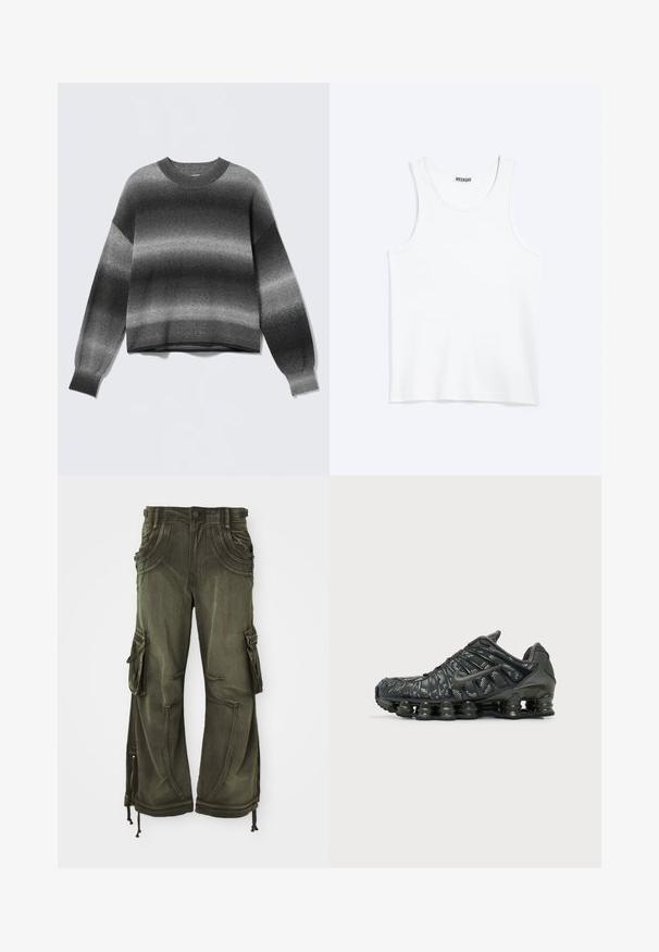 Strikket langærmet sweater med gradient i grå nuancer fra mørk til lys, rund halsudskæring samt ribstrikkede manchetter og kant.; Hvid ærmeløs tanktop med rund halsudskæring og Weekday-mærke på den indvendige baghals, vist fladt på lys baggrund.; Oliven grønne cargo bukser lavet af bomuld med en afslappet pasform, featuring sidelommer, lynlåse ved anklerne og snore ved kanten.; Sort Nike løbesko med segmenteret såldæmpning og hvidplettet mønster på overdelen, vist fra ydersiden.