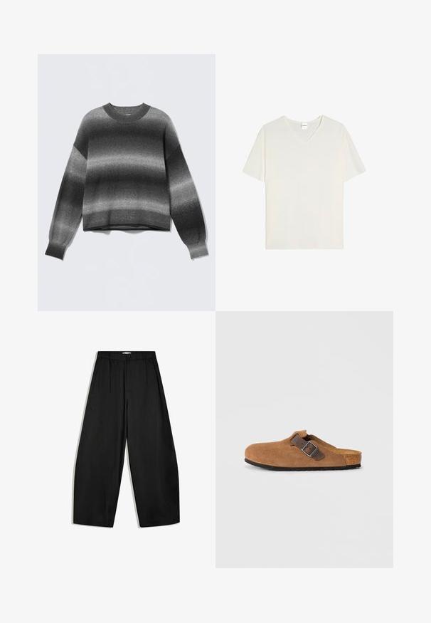 Strikket langærmet sweater med gradient i grå nuancer fra mørk til lys, rund halsudskæring samt ribstrikkede manchetter og kant.; Simpel hvid kortærmet V-hals T-shirt med en lille række malerier nær halsudskæringen, vist på en hvid baggrund.; Sorte bukser med vide ben, højtaljede, med knaplukning og folder foran, vist på hvid baggrund.; Brune ruskindsklogs med en justerbar brun læderrem og sølv spænde, der har en formet korkfodbed og en tekstureret gummi sål.