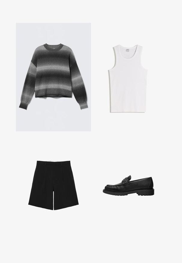 Pull en maille à manches longues avec un dégradé de gris allant du foncé au clair, col rond, poignets et ourlet côtelés.; Débardeur blanc en coton avec un col rond et de larges bretelles. Texture lisse, sans motifs ni accents, design simple.; Short noir sur mesure avec passants de ceinture, plis devant et poches latérales, posé à plat sur un fond blanc.; Mocassin en cuir noir avec dessus cousu, détail de bride cloutée et semelle épaisse à crampons, présenté en profil latéral sur fond blanc.