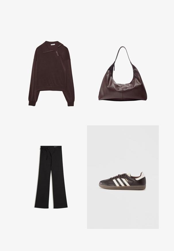 Sweatshirt brun à col élevé, zip, épaules tombantes et poignets côtelés. Texture douce et lisse avec une coupe cropped.; Pantalon large noir à texture côtelée avec un détail à lacets à la taille, présenté sur un fond blanc.; Baskets en cuir marron foncé avec un design à trois bandes blanches, une semelle en caoutchouc et l'inscription "Samba" en lettres dorées sur le côté. Forme classique basse.; Sac à bandoulière en cuir brun foncé avec une seule sangle et une fermeture éclair sur un côté, structure souple et décontractée, texture lisse.
