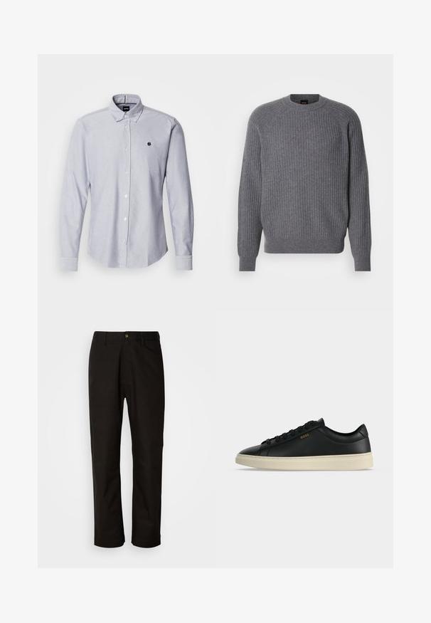 Grå ribbet strikket langærmet sweater med rund halsudskæring og ribbede manchetter, vist på en enkel hvid baggrund.; Lyseblå skjorte med lange ærmer, lavet af et struktureret stof. Har et lille logo på venstre bryst og standard manchetter.; Sorte bomuldsbukser med lige pasform, bæltestropper, lynlås foran og en enkelt knappelukning. Glat tekstur uden synlige mønstre.; Sort lavtop lædersneaker med hvid sål, sorte snørebånd og lille gyldent BOSS-logo på siden.