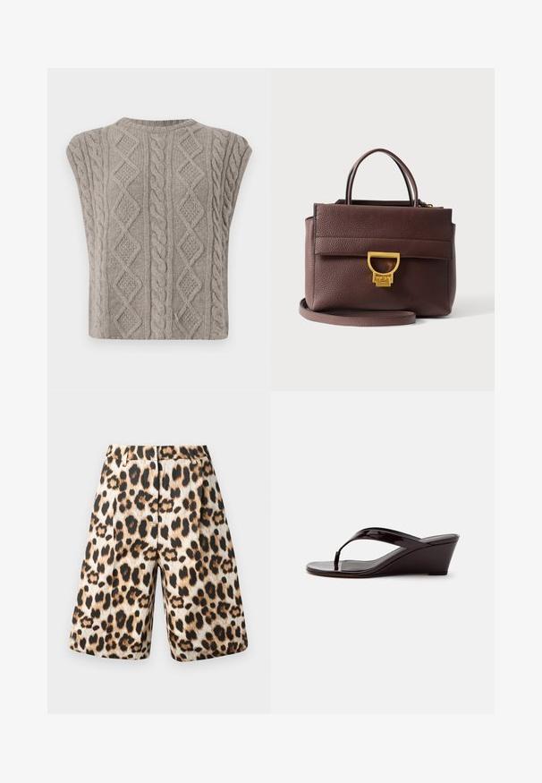 Suéter sin mangas de punto cableado en suave gris. Presenta patrones texturizados de trenzas y diamantes. Cuello redondeado y silueta corta.; Pantalones cortos con estampado de leopardo que presentan una mezcla de tonos beige y negro, diseño con pliegues y bolsillos laterales. Fabricados en una tela suave con un acabado brillante.; Sandalia de cuña de charol marrón con tira entre los dedos y punta abierta, mostrada de perfil sobre un fondo liso.; Bolso de mano de cuero marrón oscuro con textura, cierre en tono dorado, dos asas y una correa de hombro desmontable sobre un fondo claro.