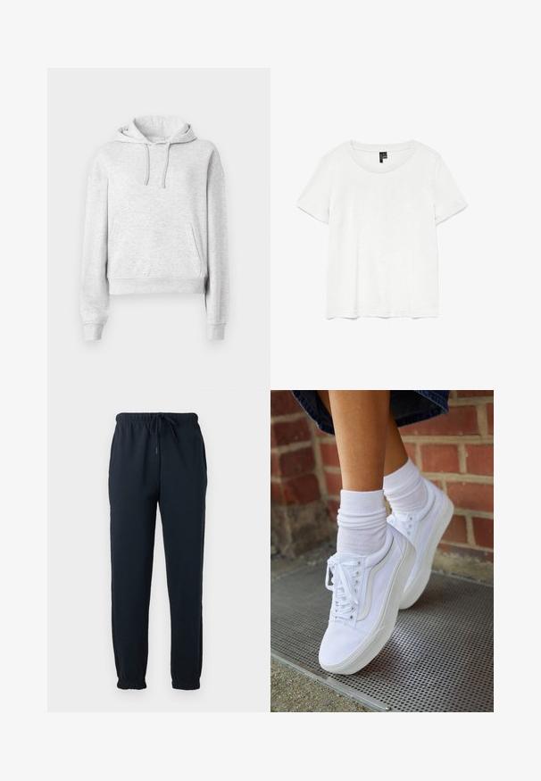 Lichtgrijze hoodie met lange mouwen, voorzak, trekkoord in de capuchon, geribde boorden en zoom, weergegeven op een effen witte achtergrond.; Witte t-shirt met korte mouwen en een ronde hals, gemaakt van lichte stof. Eenvoudig ontwerp, gladde textuur en rechte zoom.; Zwarte joggingbroek met elastische tailleband, trekkoord, zijzakken en elastische boorden bij de enkels.; Witte canvas sneakers met rubberen zolen, voorzien van zes vetertjes, een ronde neus en lichte stikdetails, gecombineerd met witte enkelsokken.