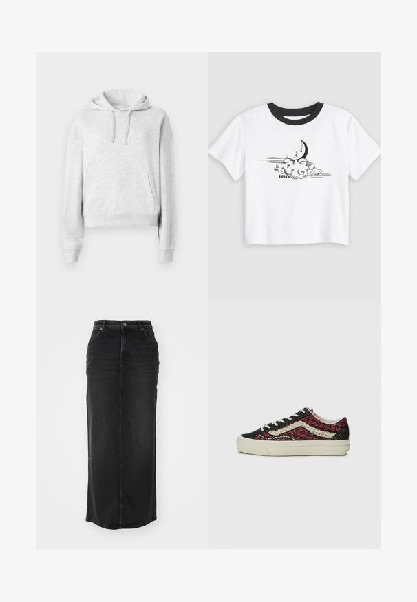 Lysegrå langærmet hættetrøje med forlommer, snørre i hætten, ribkanter ved ærmer og kant, vist på en ensfarvet hvid baggrund.; Hvid T-shirt med korte ærmer og sort rund hals, med en sort halvmåne med et ansigt over hvirvlende skyer og teksten "Levi's" nedenunder.; Sort denim maxiskirt med lige snit, mellemhøj talje, forlommer og synlige sømme langs sømmene.; Vans OLD SKOOL 36 UNISEX - Sneakers - bordeaux