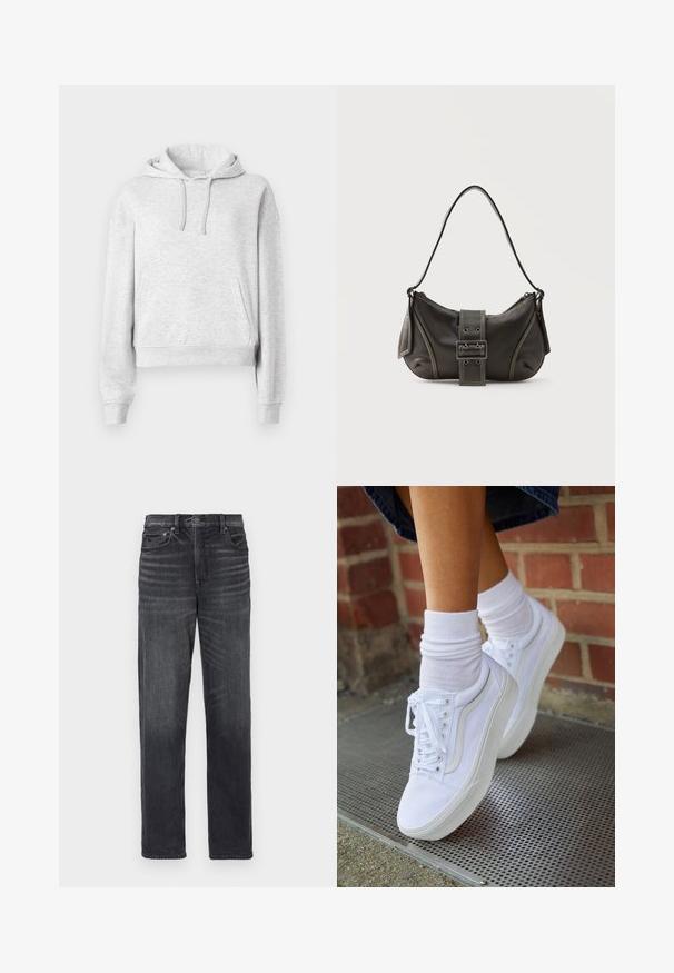 Hellgrauer Langarm-Hoodie mit Fronttasche, Kordelzugkapuze, gerippten Bündchen und Saum, dargestellt auf einem einfarbigen weißen Hintergrund.; Schwarze Jeans aus Denim mit geradem Bein, featuring Fronttaschen, einem Knopfverschluss und subtilen Verwaschungen.; Weiße Leinensneaker mit Gummisohlen, ausgestattet mit sechs Ösen, runder Zehenpartie und dezenten Nähten, kombiniert mit weißen Knöchelsocken.; Schwarze Leder-Schultertasche mit Schnallengurt-Detail, abgerundeten Kanten und kontrastierenden weißen Nähten auf schlichtem Hintergrund.