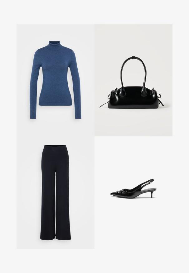 Blå turtleneck sweater lavet af blødt strikmateriale. Tætsiddende design med lange ærmer og ribbede manchetter og nederste kant. Ensartet tekstur.; Sorte ribbede bukser med bred benvidde, struktureret finish og elastisk talje, som har en afslappet pasform og ingen synlig hardware.; Sorte læder slingback-pumps med spids tå, lav kitten-hæl og rynket detalje på overdelen. Glat tekstur og minimalistisk design.; Lille sort blank håndtaske med to lange håndtag og snøre-detaljer i siden på en ensfarvet lys baggrund.