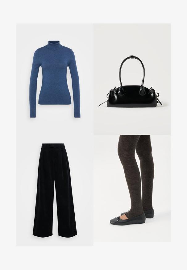 Blå turtleneck sweater lavet af blødt strikmateriale. Tætsiddende design med lange ærmer og ribbede manchetter og nederste kant. Ensartet tekstur.; ONLY Tall ONLSVEA NESSA CORD WIDE - Bukser - black; Ben iført mørke ribbede leggings kombineret med sorte balletsko med små sløjfedetaljer på hvid baggrund.; Lille sort blank håndtaske med to lange håndtag og snøre-detaljer i siden på en ensfarvet lys baggrund.