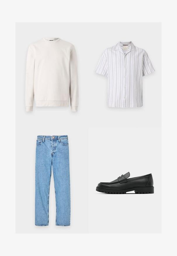 Lys grå sweatshirt lavet af blødt stof, med rund hals, lange ærmer og et subtilt logo foran. Glat tekstur og afslappet pasform.; Kortærmet skjorte lavet af letvægtsstof, med lodrette hvide og beige striber, krave og knaplukning foran.; Lysblå denim jeans med lige ben design, fem-lomme stil, synlige syninger og knap- samt lynlåslukning.; Sorte læder loafers med rund tå, der har et syet design, lav platformssål og en struktureret, skridsikker gummisål.