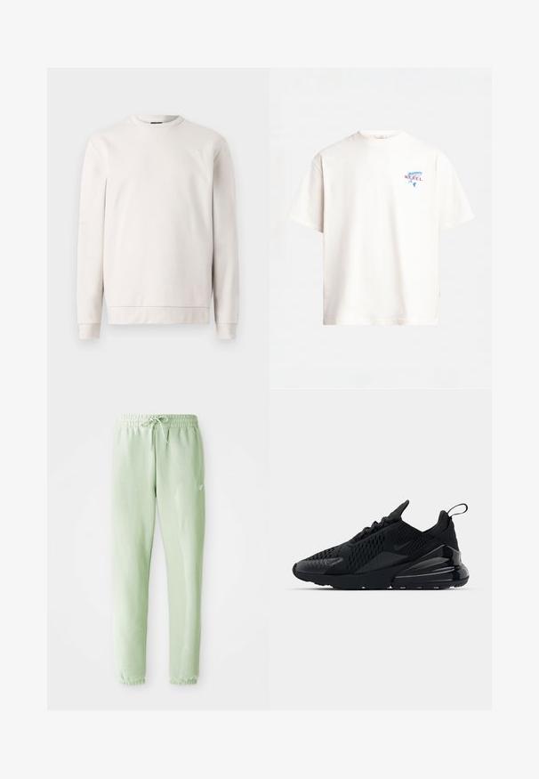 Lichtgrijze sweatshirt van zacht materiaal, met een ronde hals, lange mouwen en een subtiele logo aan de voorkant. Glad textuur en een ontspannen pasvorm.; Wit katoenen t-shirt met korte mouwen, ronde hals en een bedrukt ontwerp met een blauwe vis en rode "REBEL" tekst op de linkerborst.; Lichtgroene sweatpants van zachte katoen, met een elastische tailleband met trekkoord en taps toelopende benen, afgewerkt met gathered boorden.; Zwarte Nike Air Max 270 sneaker met een textuur bovenwerk, mesh panelen en een glanzende hiel met een prominente luchtkusseneenheid.