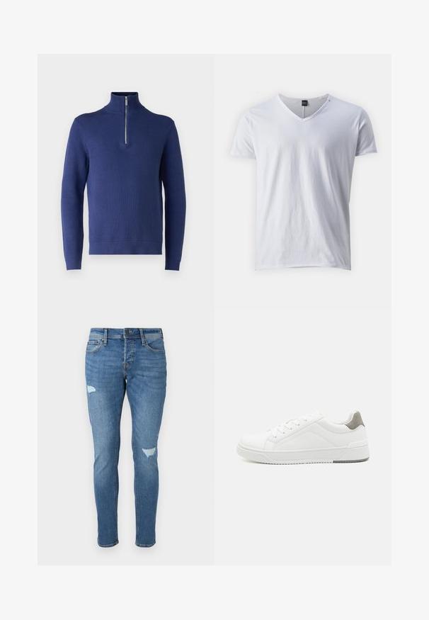 Marineblå pullover sweater med høj krave og halv lynlås, der har et struktureret strikkemønster samt ribbede manchetter og afslutning.; Hvid kortærmet V-hals t-shirt lavet af blødt bomuld, med en afslappet pasform og glat overflade, samt et lille mærke ved halsudskæringen.; Fadede blå denim jeans med slim fit, der har slidte områder ved knæene, en knaplukning og fem-lomme design.; Hvid sneaker lavet af glat læder, rund tå, minimalistisk design, grå hælafsats og tekstureret gummisål.