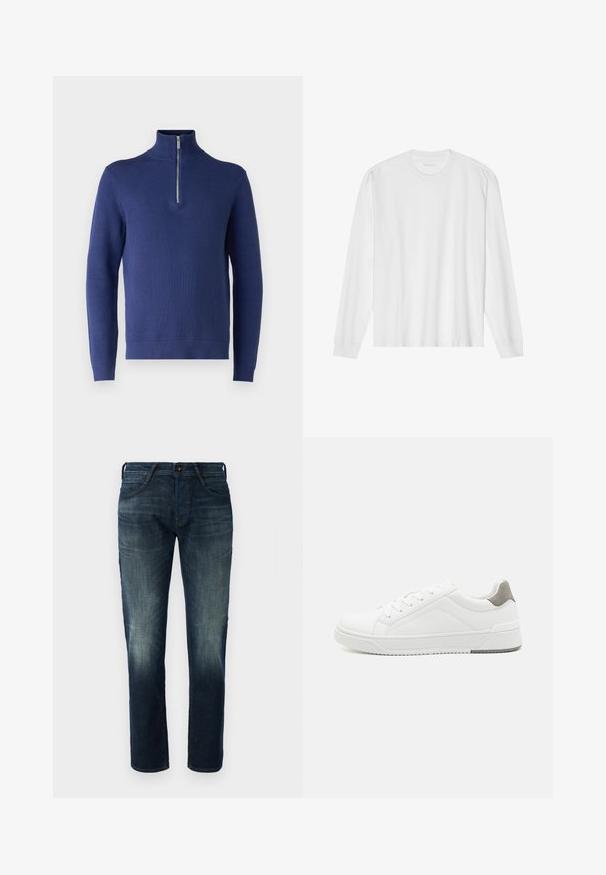 Marineblå pullover sweater med høj krave og halv lynlås, der har et struktureret strikkemønster samt ribbede manchetter og afslutning.; Hvid, langærmet t-shirt i bomuld med rund hals, med ribbede ærmeafslutninger og en lige kant, glat tekstur og minimalistisk design.; Mørkeblå lige ben denim jeans med let fading på lårene og knæene, frontknap og lynlås lukning, samt fem-lomme stil.; Hvid sneaker lavet af glat læder, rund tå, minimalistisk design, grå hælafsats og tekstureret gummisål.