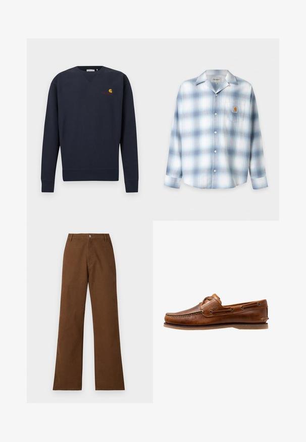 Marineblauer Pullover mit V-Ausschnitt, gerippten Bündchen und Saum, mit einem kleinen Carhartt-Logo in Orange und Gelb, das auf der Brust eingestickt ist.; Hellblau-weiß kariertes langärmliges Hemd mit Knopfleiste, spitzem Kragen und einer Brusttasche vorne mit einem Carhartt-Logo-Patch.; Braune Baumwollhosen mit gerader Beinform, Knopfverschluss und zwei Vorderaschen. Glatte Textur ohne sichtbare Muster oder Verzierungen.; Braune Lederbootsschuhe mit gesteppten Akzenten, metallischen Ösen, einer erhöhten Naht an der Zehe und einer flachen Gummisohle.
